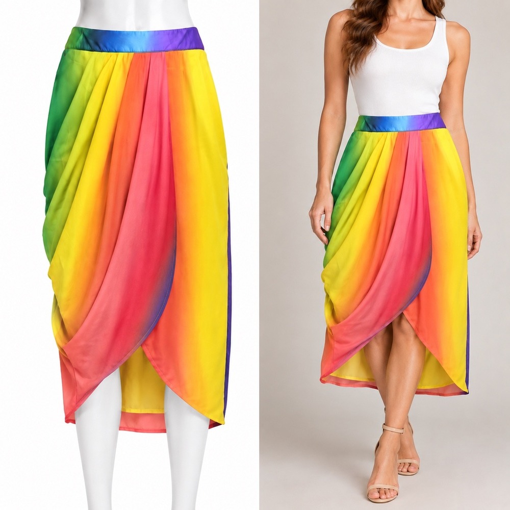 New York & Company Skirt Womens L Rainbow Ombre Draped Faux Wrap Sarong Midi